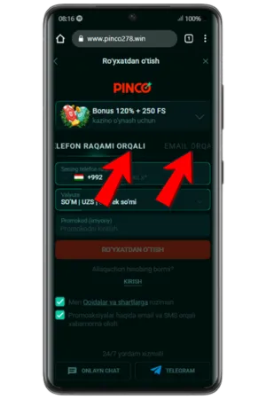 Усули бақайдгирӣ Pinco Casino tj